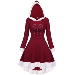 Elegant Red Hooded Dress with White Trim
